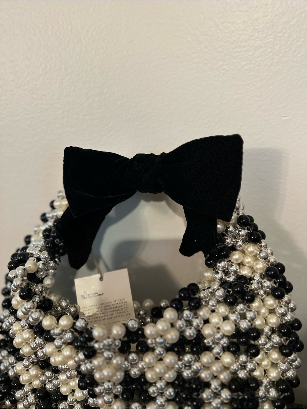 NWT A New Day Black & White Beaded Checkered Shoulder Bag with Bow Pearl - Picture 9 of 12